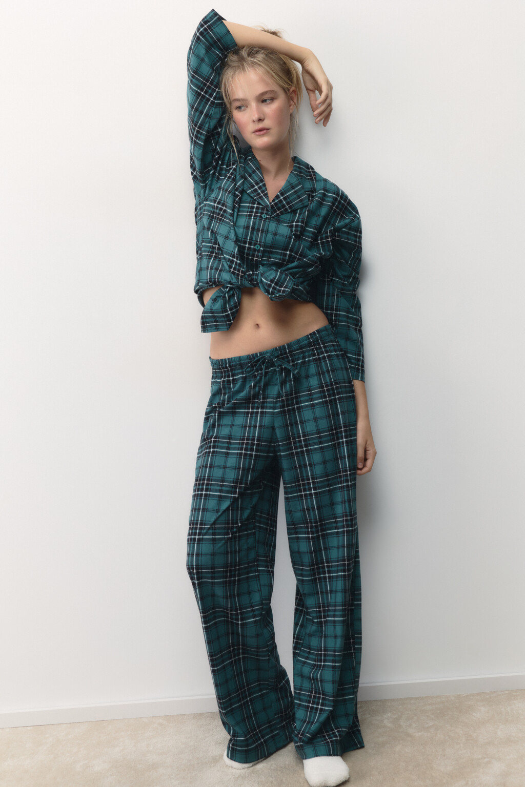 Брюки пижамные с принтом в клетку - цвет зеленый - 1