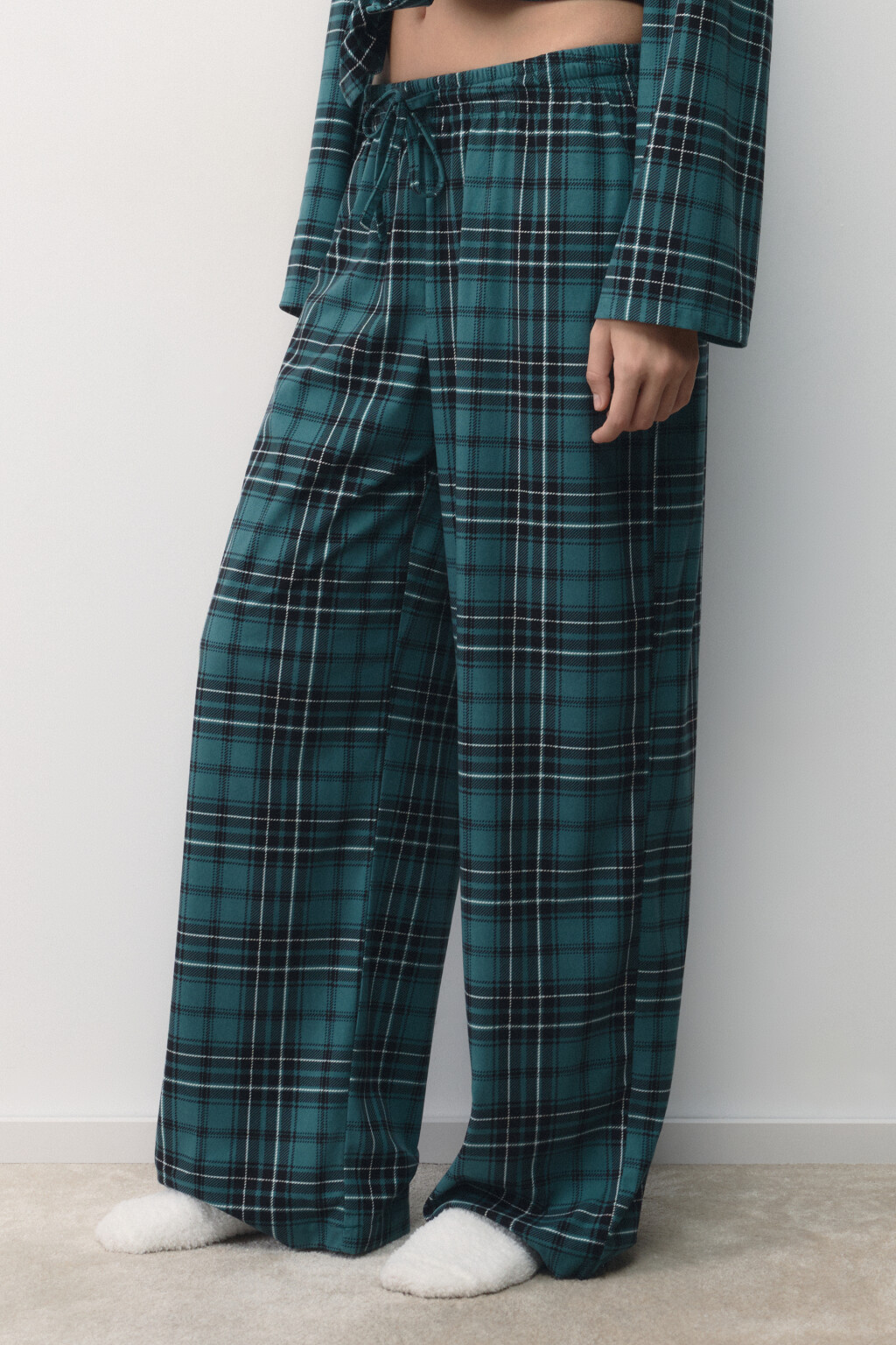 Брюки пижамные с принтом в клетку - цвет зеленый - 3