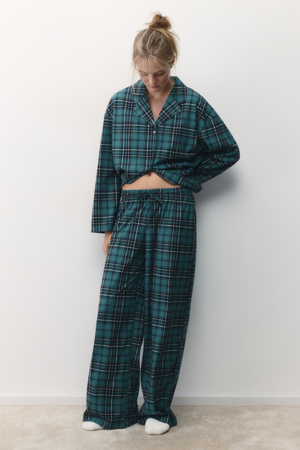 Брюки пижамные с принтом в клетку - цвет зеленый - 5