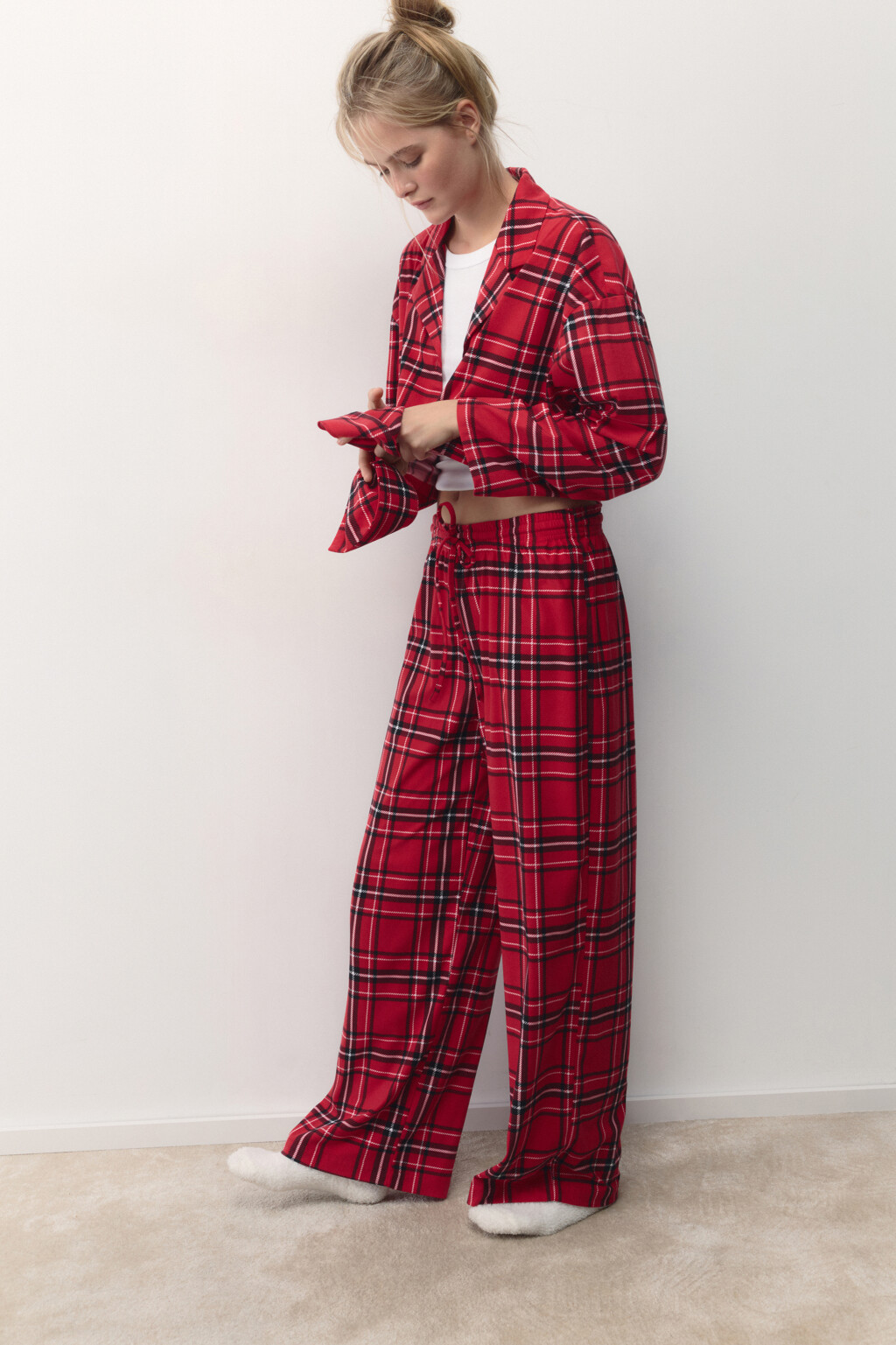 Брюки пижамные с принтом в клетку - цвет красный - 1