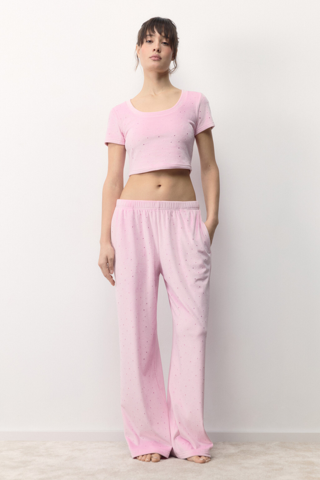 Брюки домашние плюшевые со стразами - цвет розовый - 5