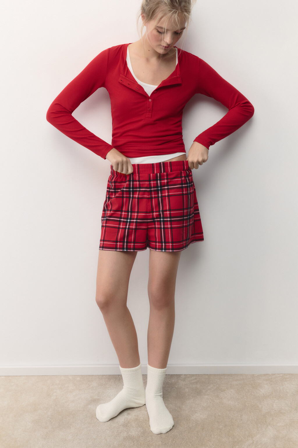 Шорты пижамные с принтом в клетку - цвет красный - 2