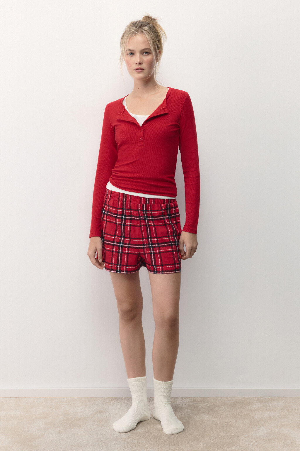 Шорты пижамные с принтом в клетку - цвет красный - 6
