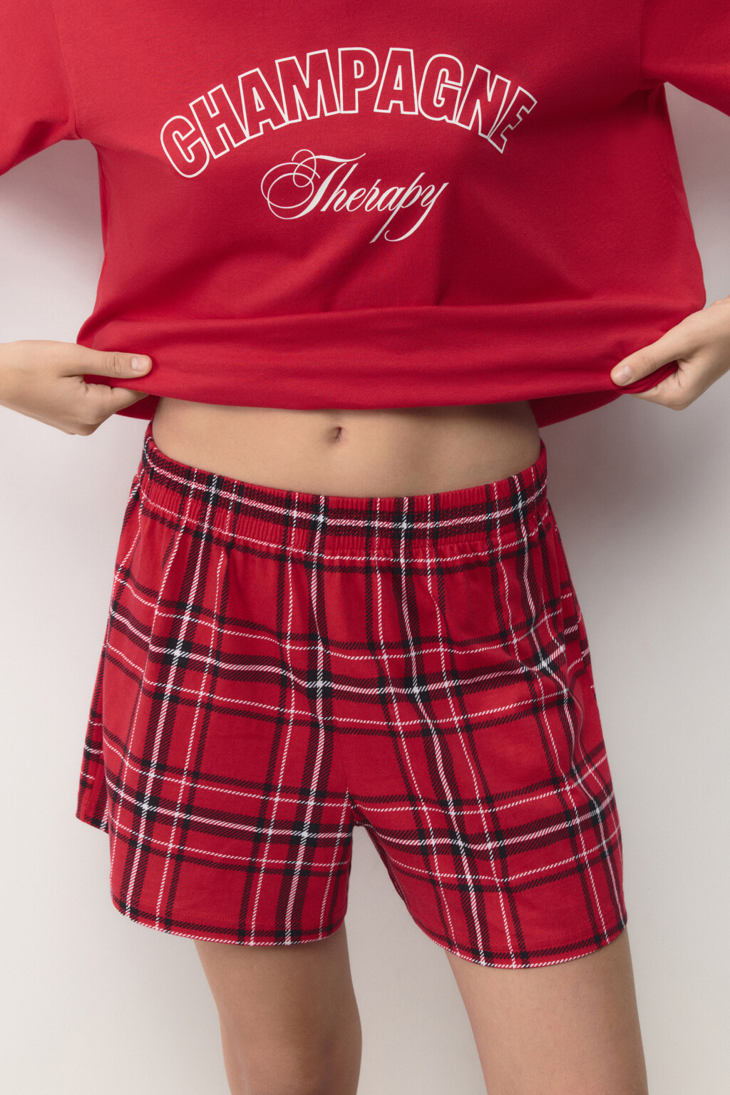 Шорты пижамные хлопковые в клетку - цвет красный - 1