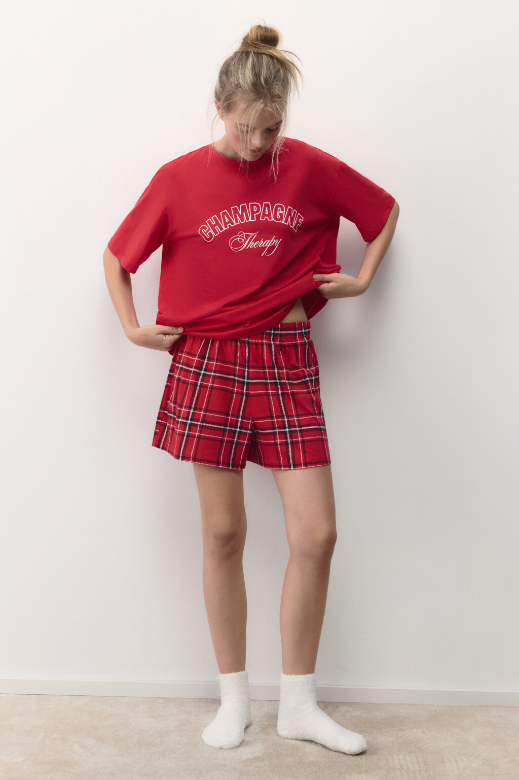 Шорты пижамные хлопковые в клетку - цвет красный - 2