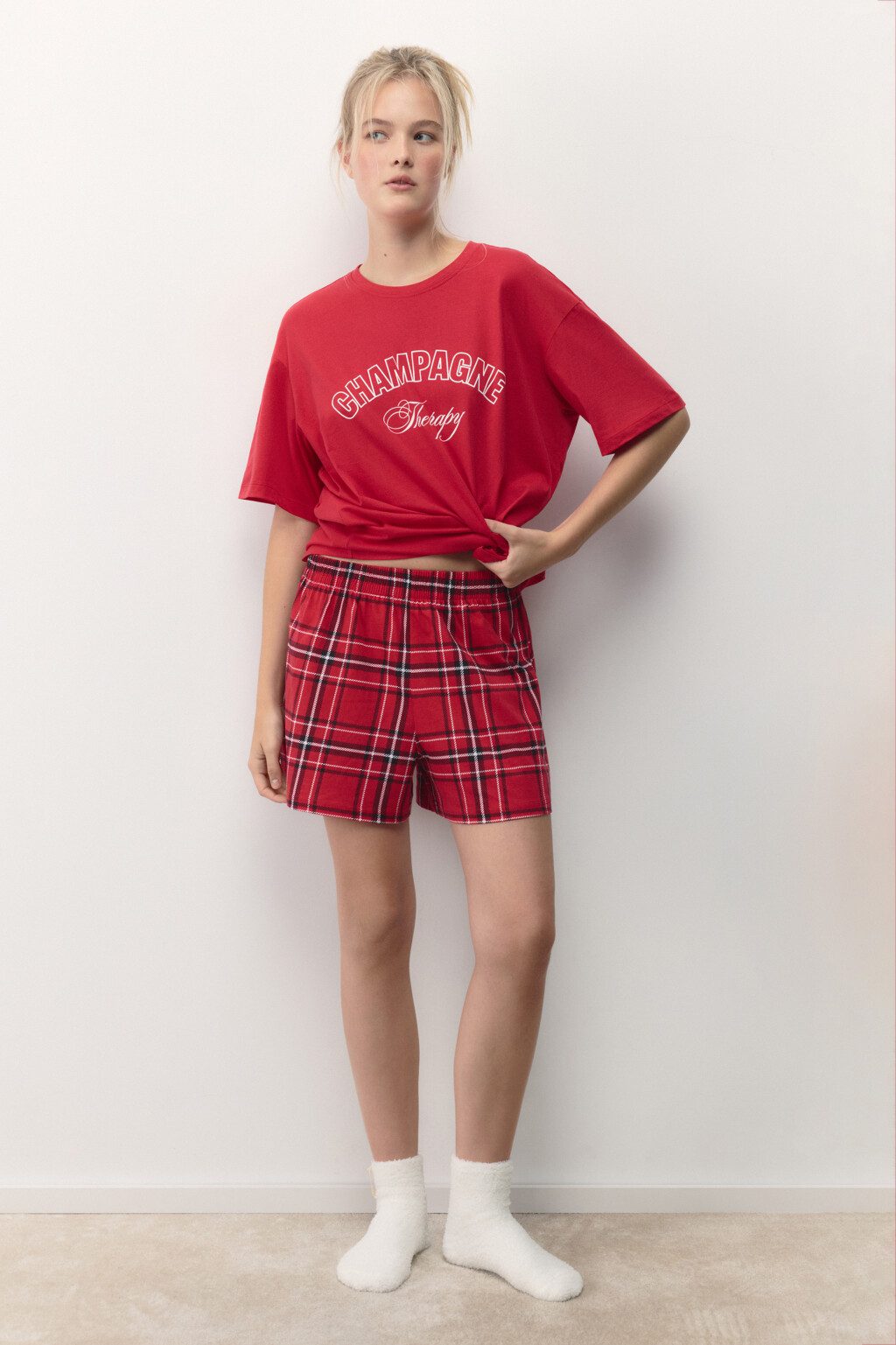 Шорты пижамные хлопковые в клетку - цвет красный - 6