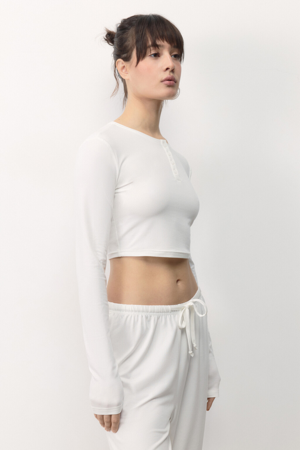 Лонгслив домашний укороченный с застежкой - цвет ванильный - 3