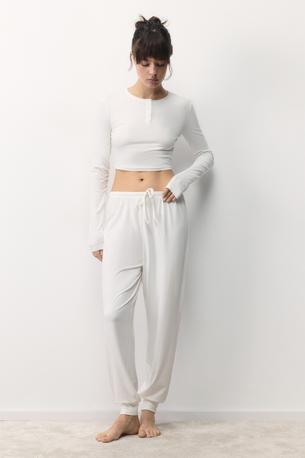 Лонгслив домашний укороченный с застежкой - цвет ванильный - 5