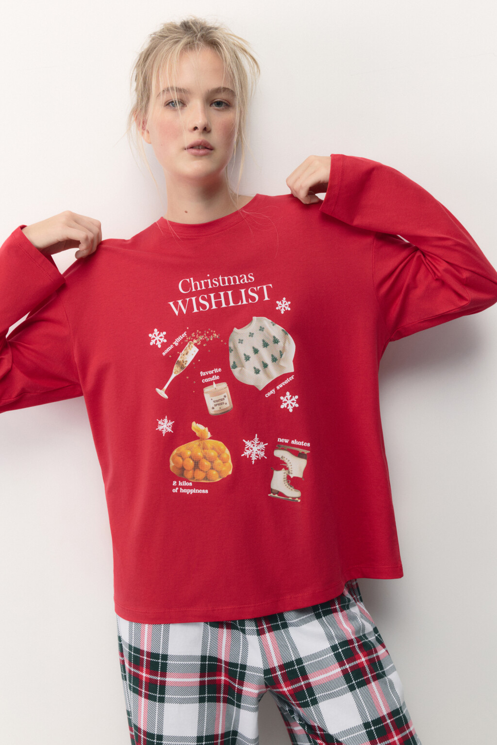 Лонгслив хлопковый с рождественским принтом - цвет красный - 1