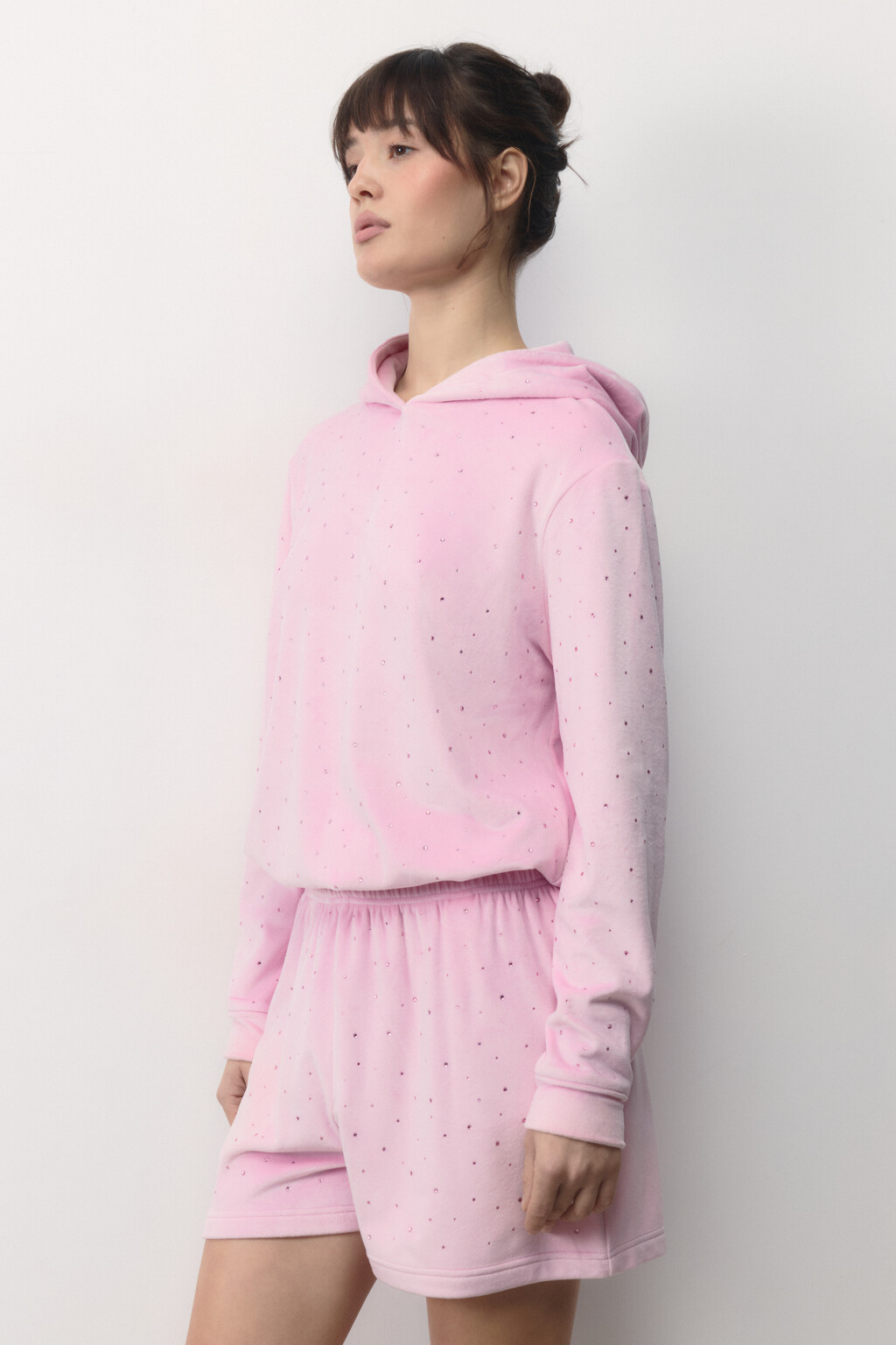 Толстовка домашняя плюшевая со стразами - цвет розовый - 3