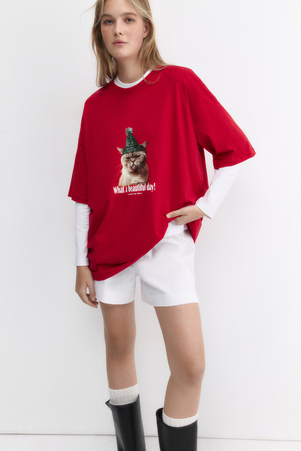 Футболка oversize с новогодним принтом - цвет красный - 1