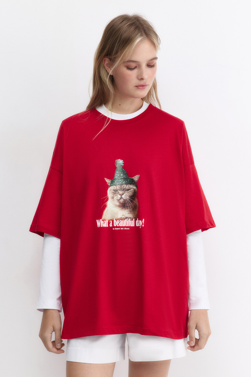 Футболка oversize с новогодним принтом - цвет красный - 2