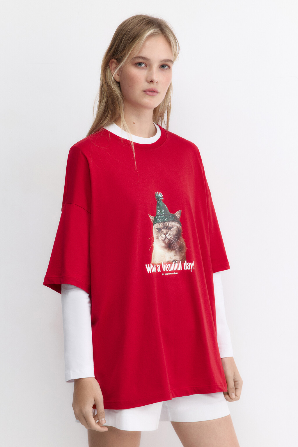 Футболка oversize с новогодним принтом - цвет красный - 3