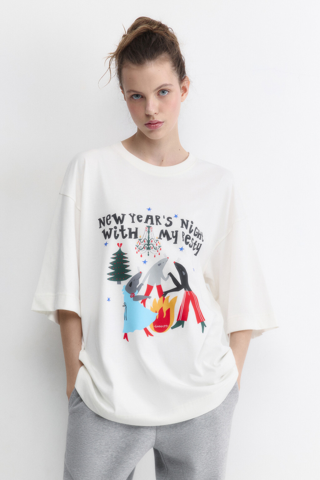 Футболка оверсайз с новогодним принтом - цвет белый - 2