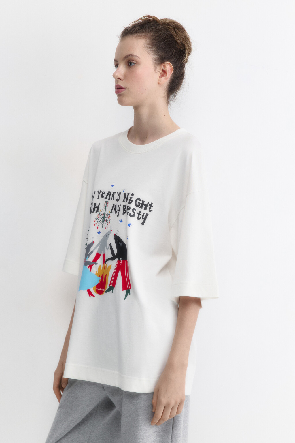 Футболка оверсайз с новогодним принтом - цвет белый - 3