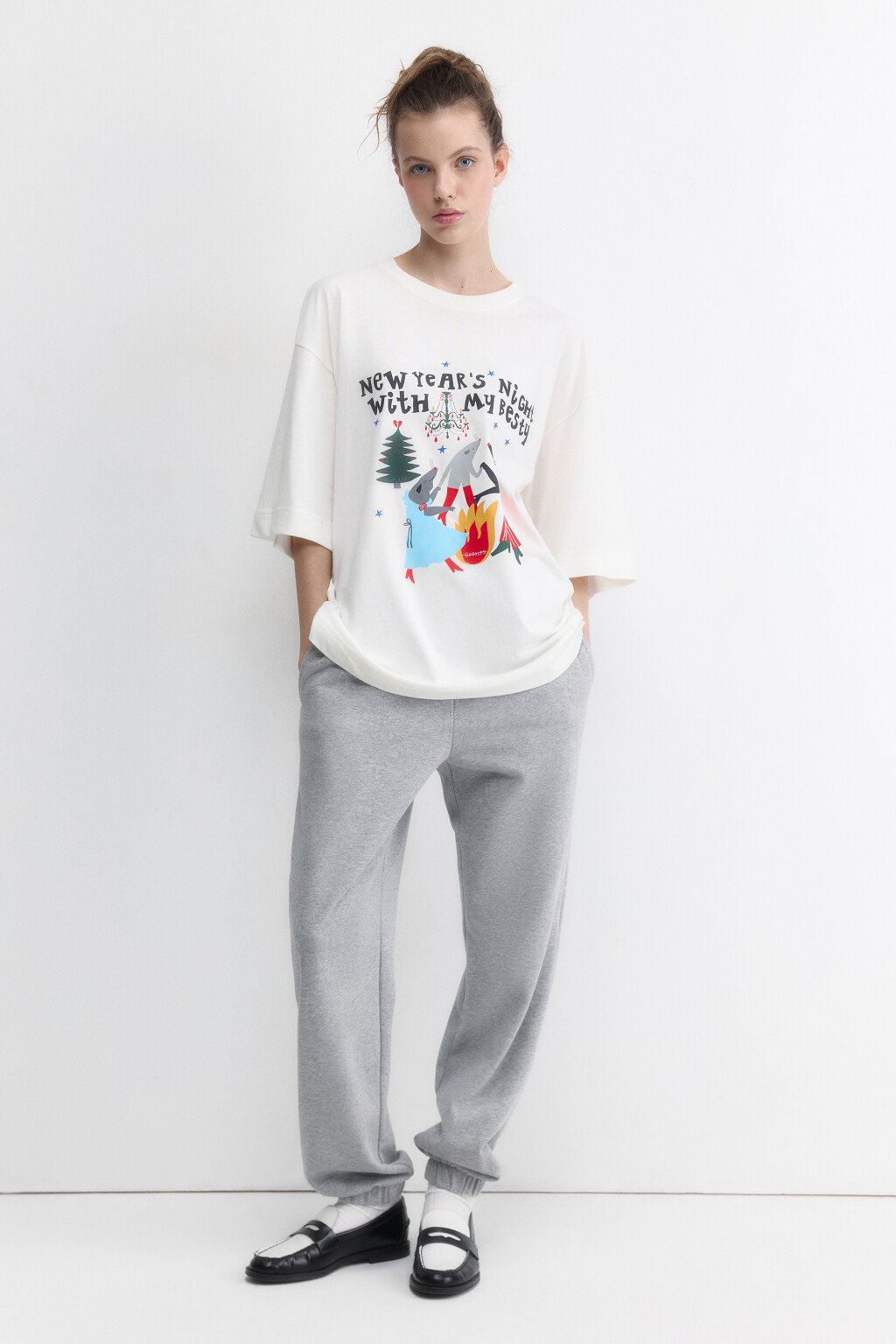 Футболка оверсайз с новогодним принтом - цвет белый - 5
