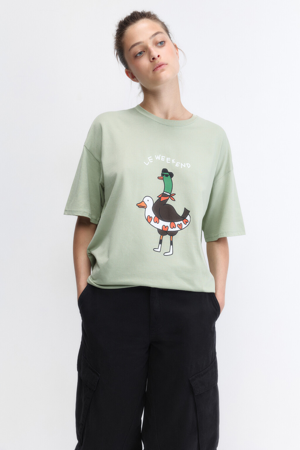 Футболка oversize хлопковая с принтом и надписью - цвет зеленый - 1