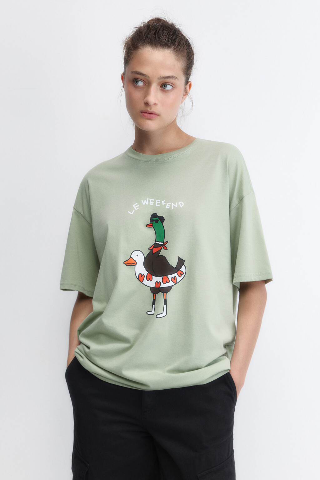 Футболка oversize хлопковая с принтом и надписью - цвет зеленый - 2