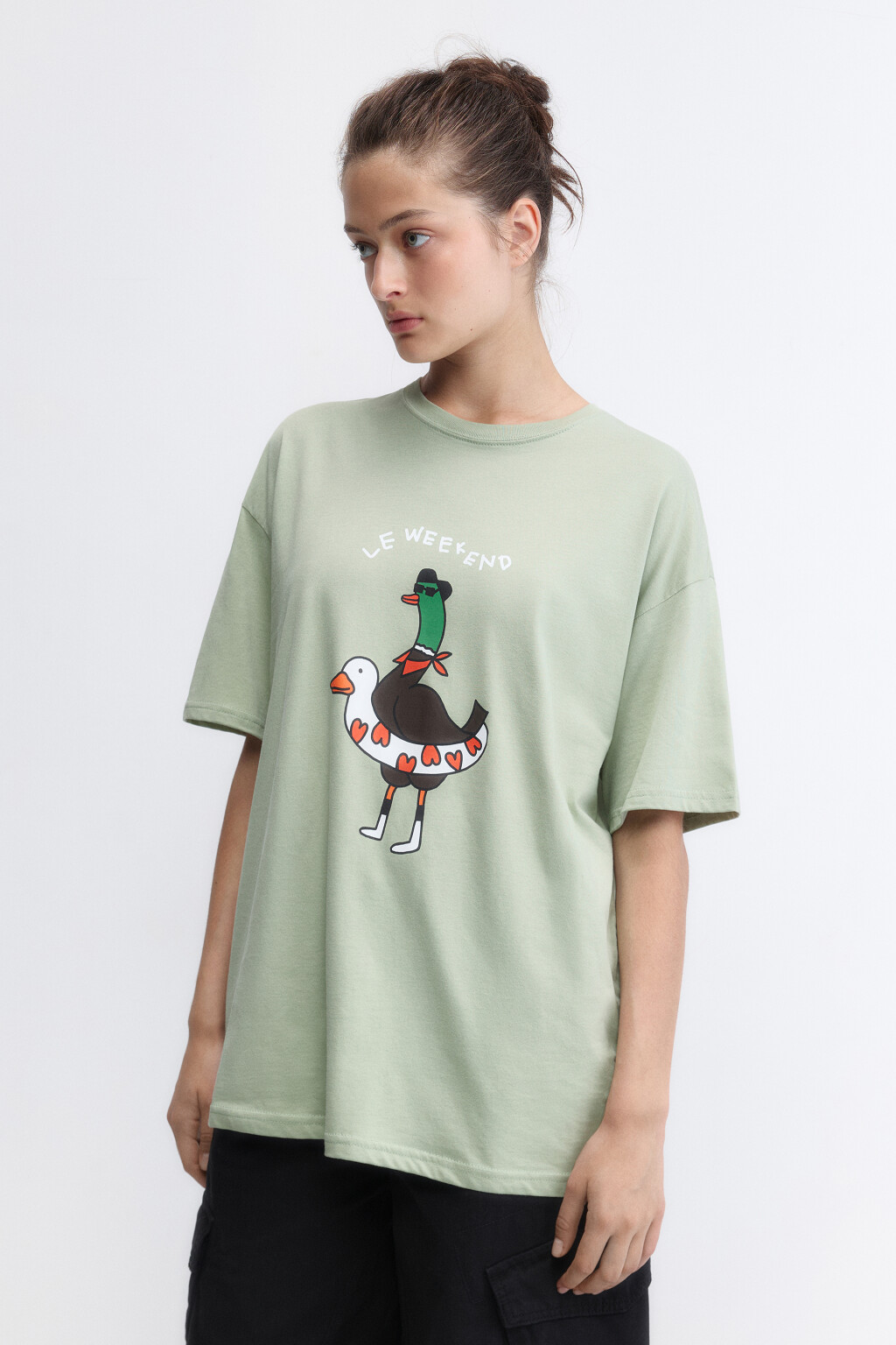 Футболка oversize хлопковая с принтом и надписью - цвет зеленый - 3