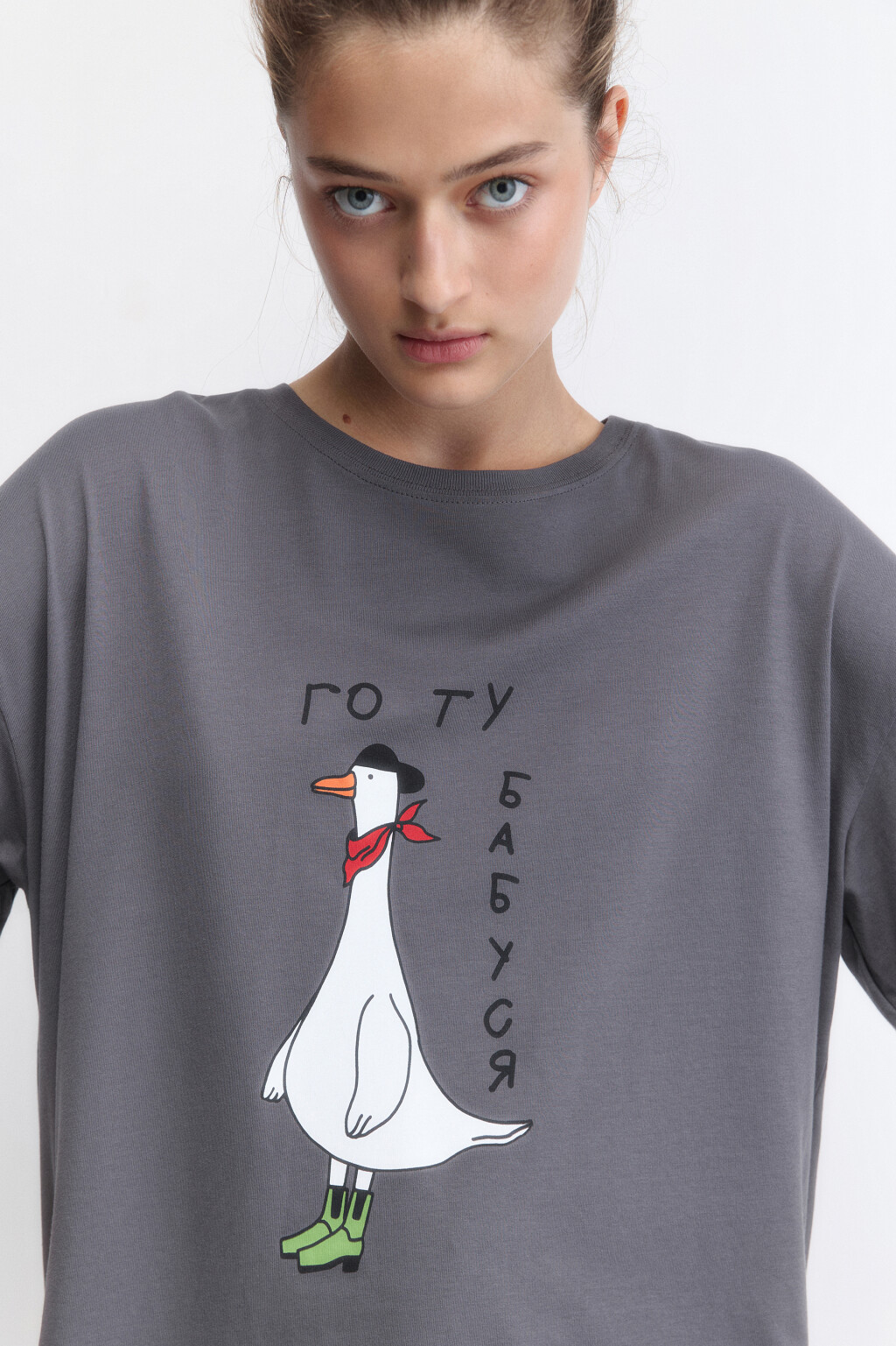 Футболка oversize хлопковая с принтом и надписью - цвет серый - 1