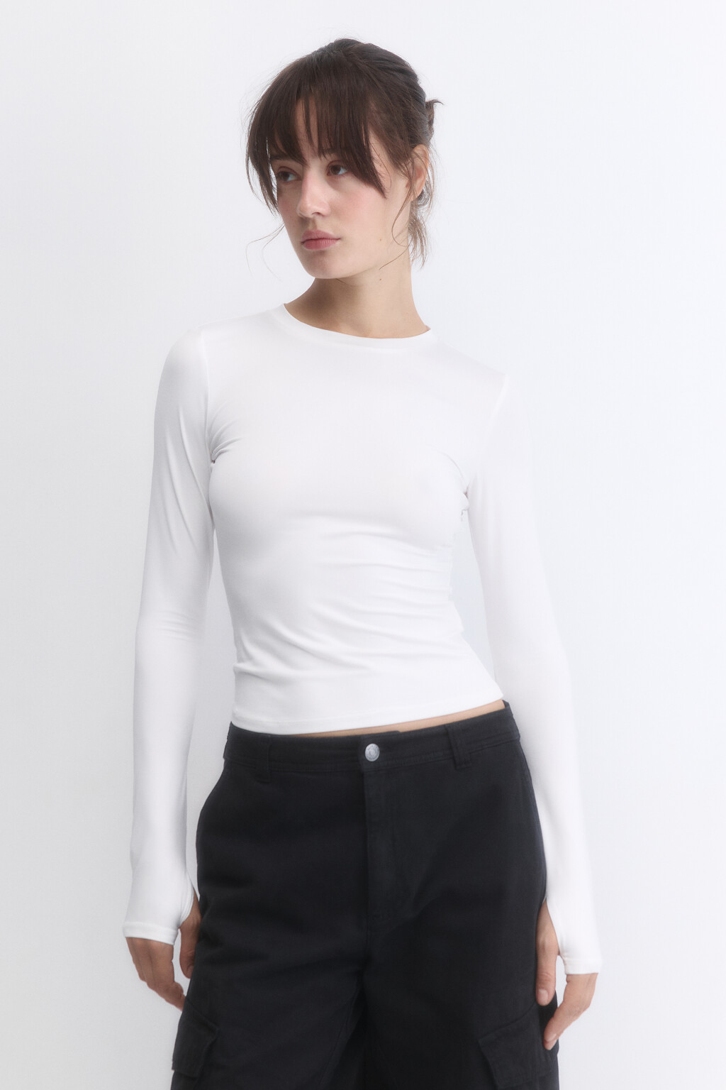 Лонгслив облегающий из гладкого трикотажа - цвет белый - 2