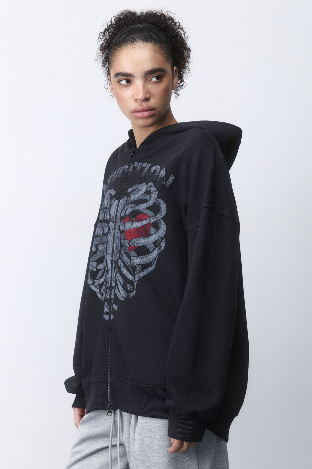 Худи на молнии оверсайз с принтом-скелетом - цвет черный - 3