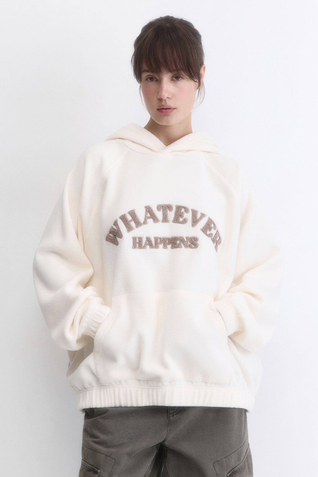 Худи-флиска oversize с капюшоном и принтом - цвет молочный - 2