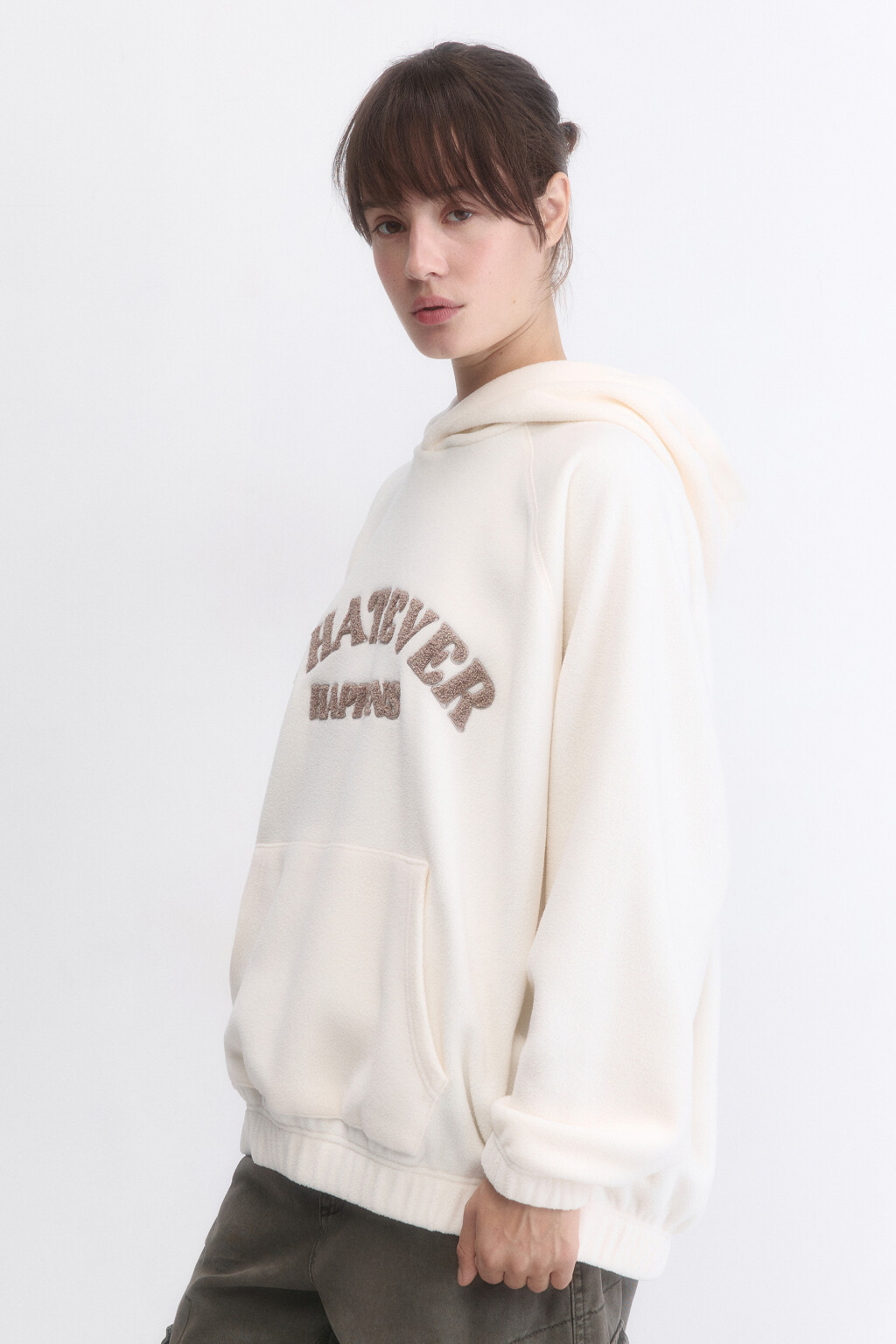 Худи-флиска oversize с капюшоном и принтом - цвет молочный - 3