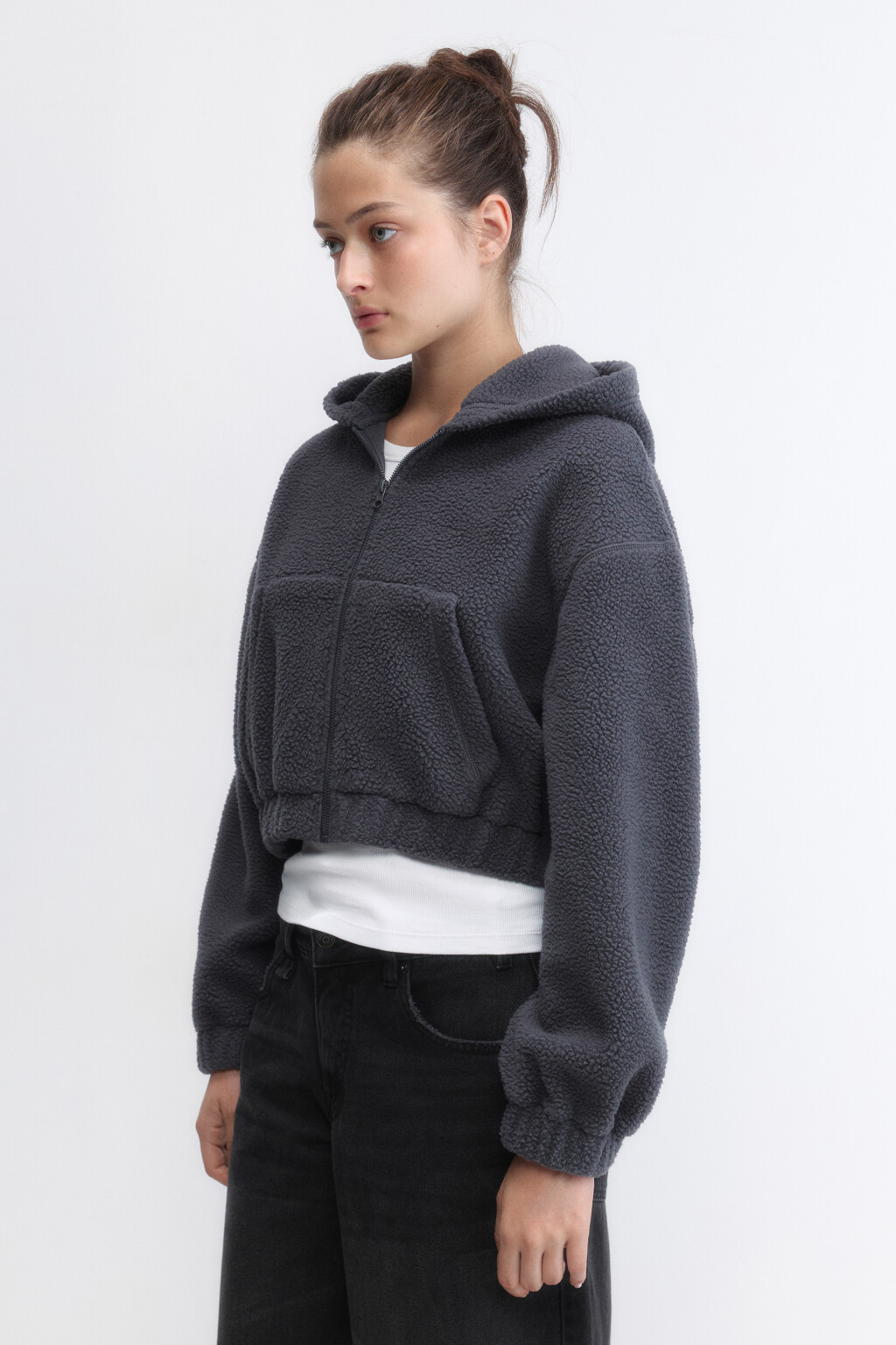 Худи-зипка укороченная флисовая с капюшоном - цвет серый - 3