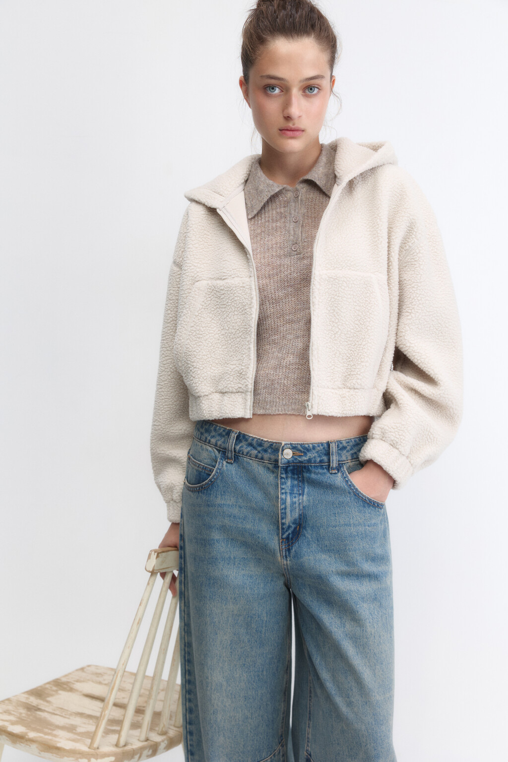 Худи-зипка укороченная флисовая с капюшоном - цвет молочный - 1