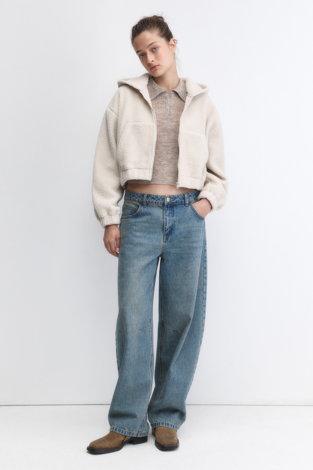 Худи-зипка укороченная флисовая с капюшоном - цвет молочный - 5