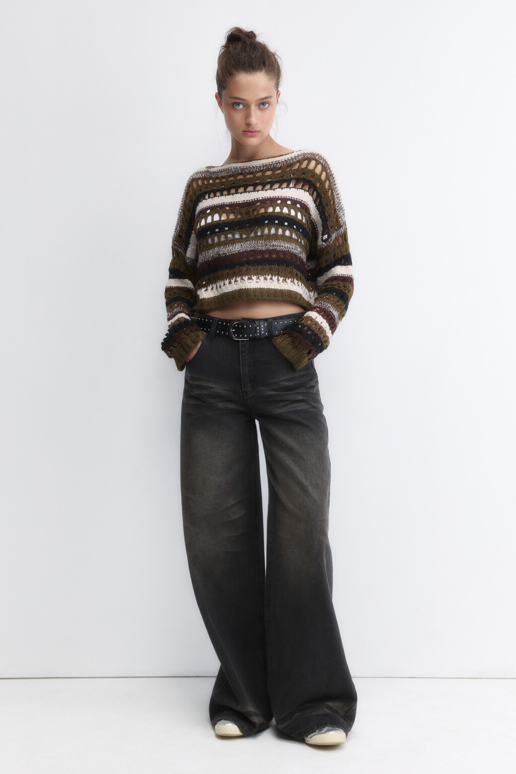 Джинсы широкие с масляной стиркой и ремнем - цвет коричневый - 6