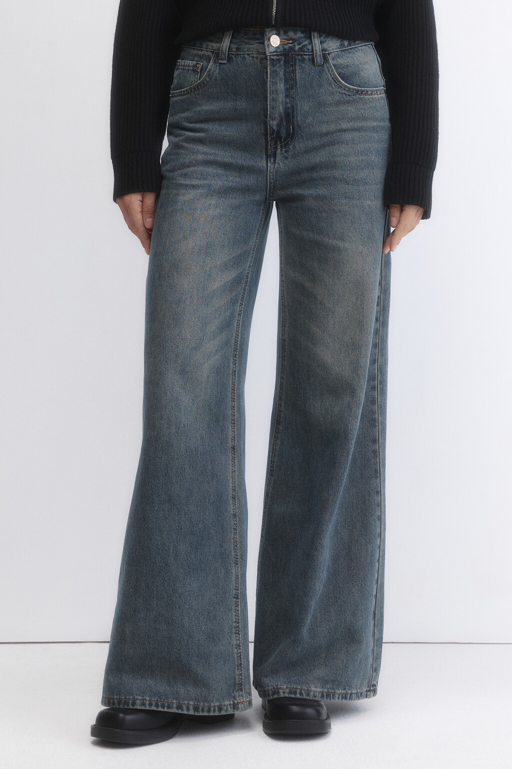 Джинсы широкие с эффектом масляной стирки - цвет темный тинт - 2