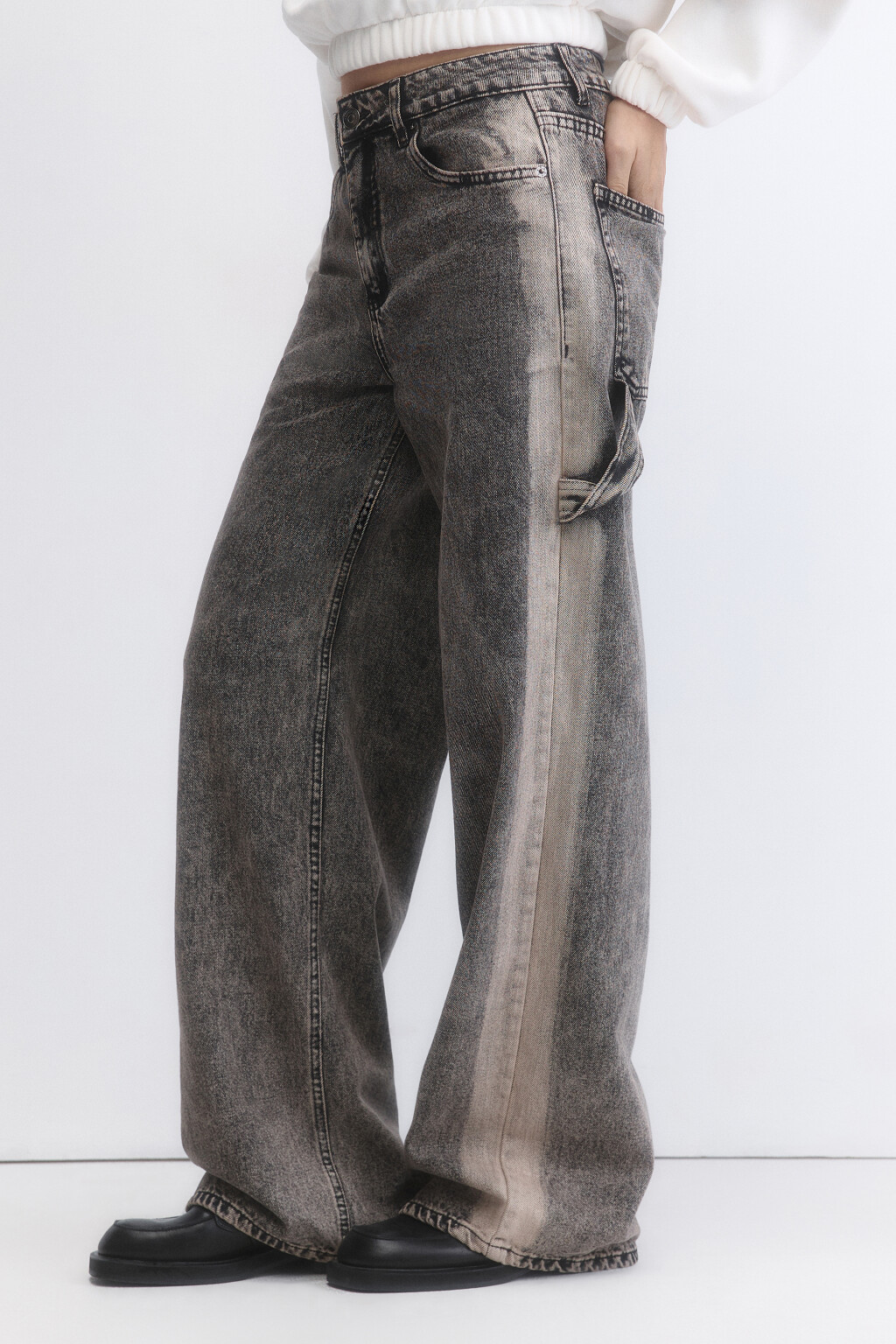 Джинсы широкие с вареным эффектом и лампасами - цвет темный тинт - 1