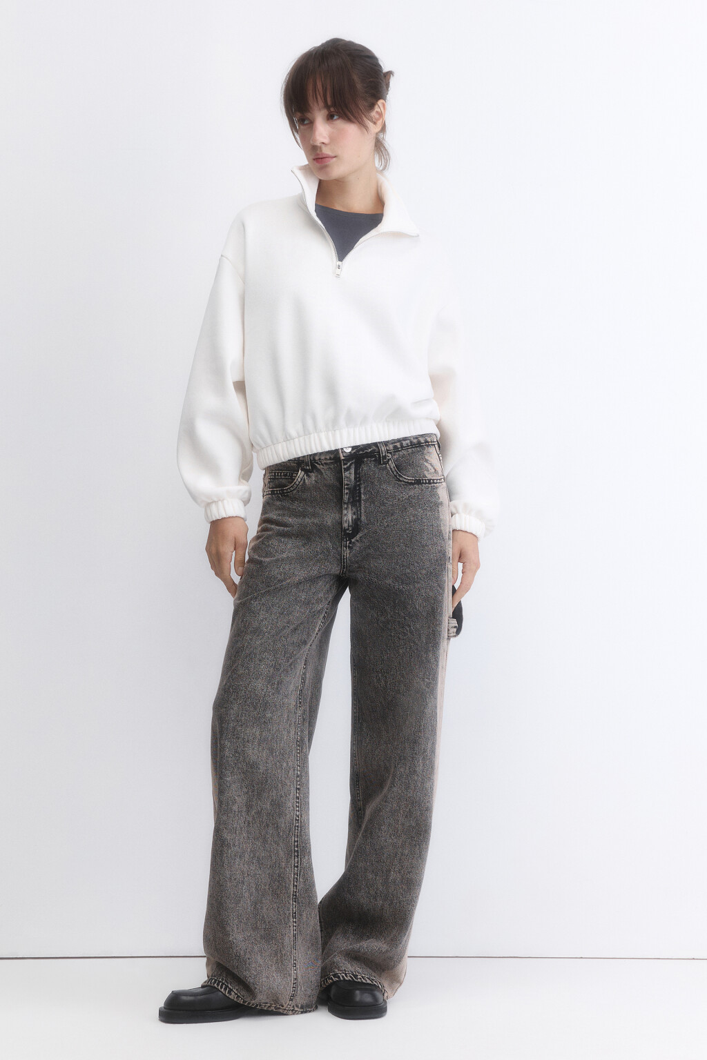 Джинсы широкие с вареным эффектом и лампасами - цвет темный тинт - 5