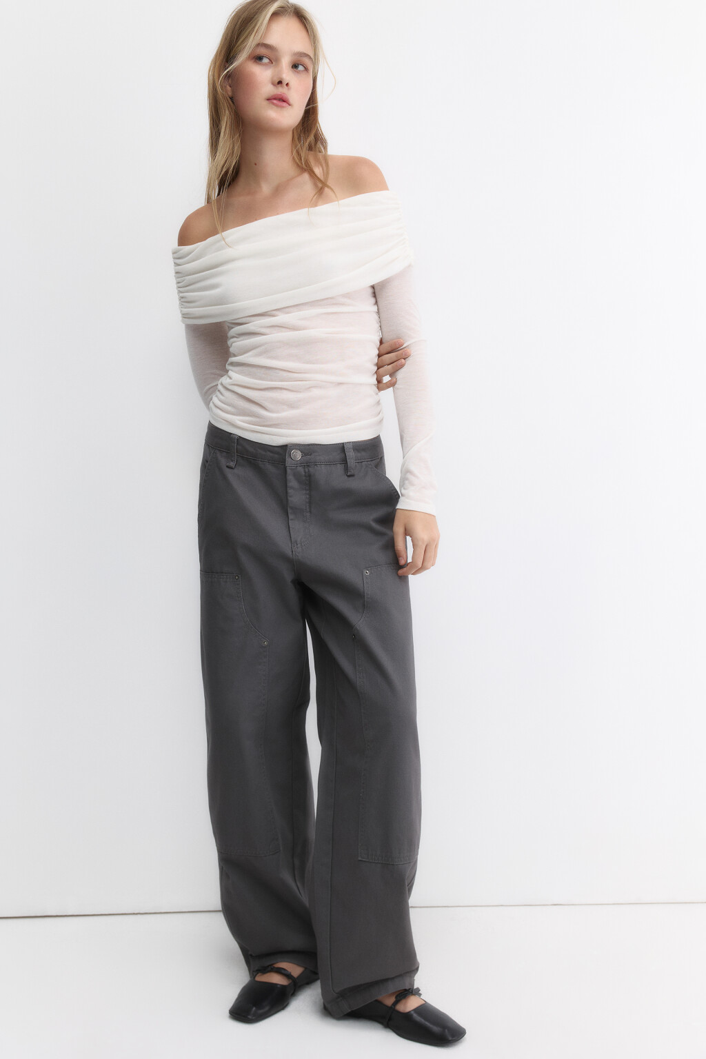 Брюки широкие твиловые с накладными карманами - цвет серый - 1
