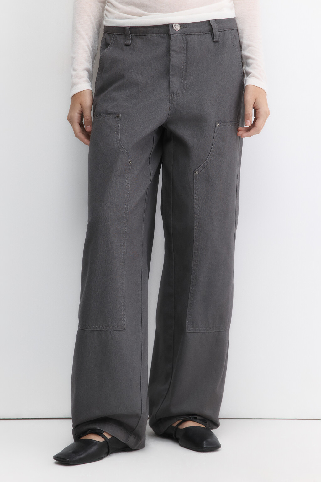 Брюки широкие твиловые с накладными карманами - цвет серый - 2