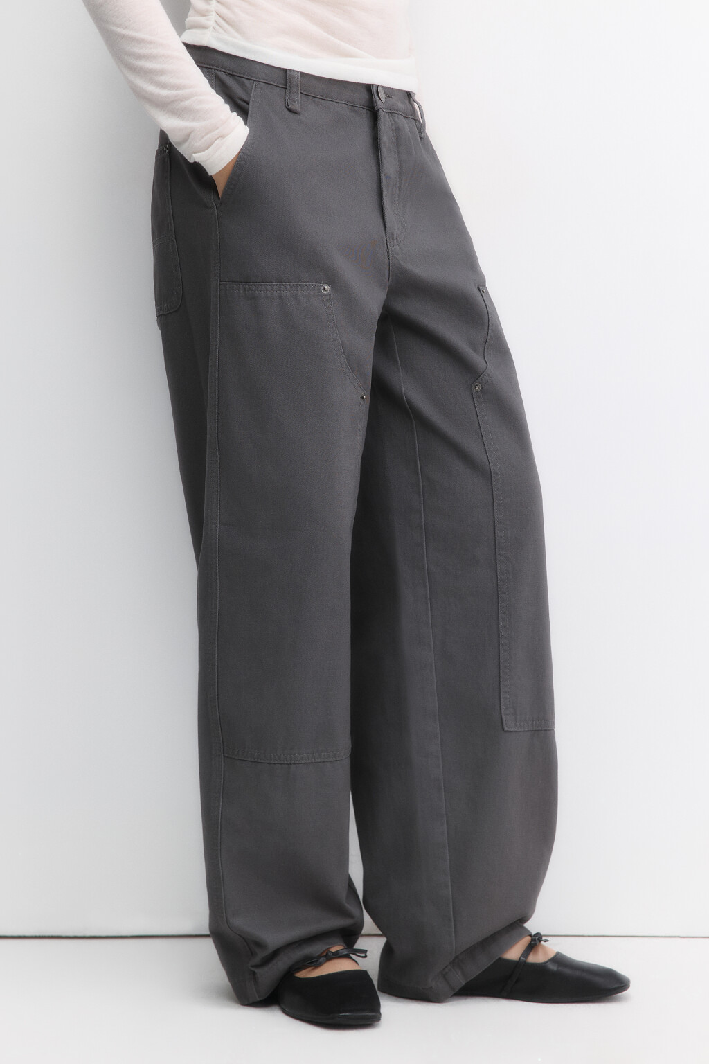 Брюки широкие твиловые с накладными карманами - цвет серый - 3