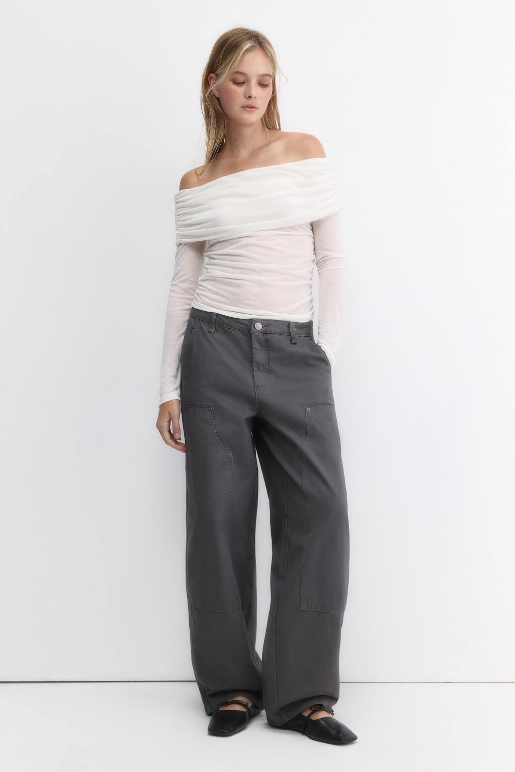 Брюки широкие твиловые с накладными карманами - цвет серый - 5