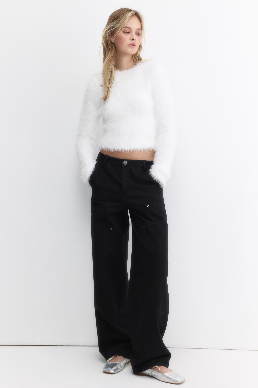 Брюки широкие твиловые с накладными карманами - цвет черный - 1