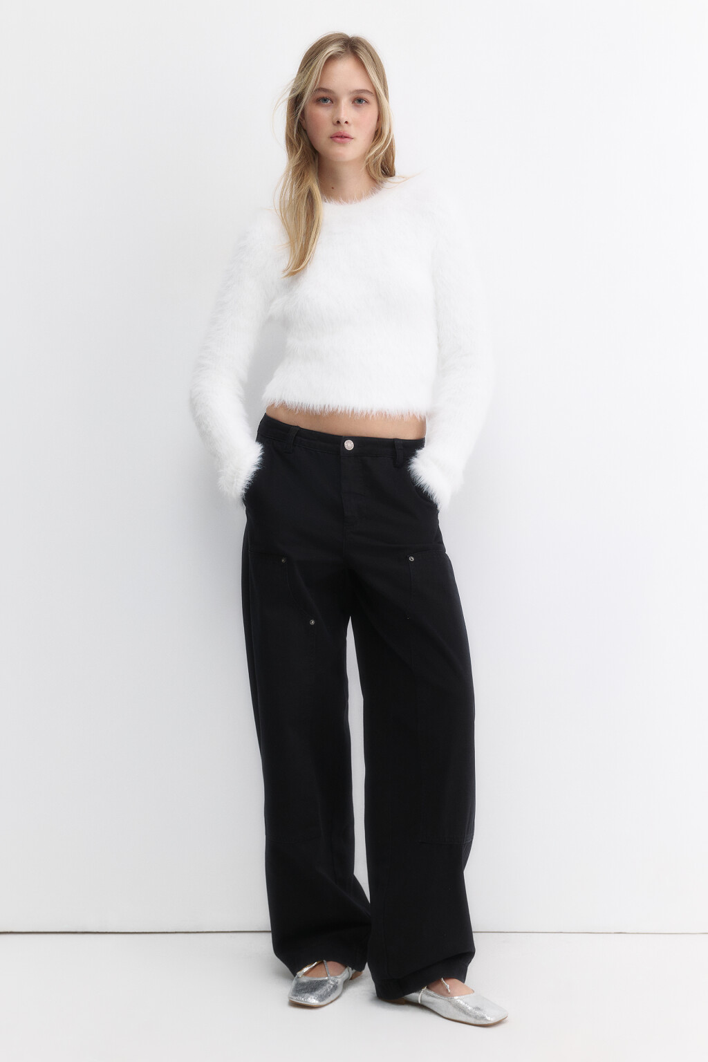 Брюки широкие твиловые с накладными карманами - цвет черный - 5