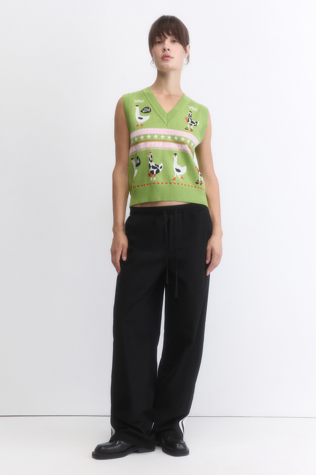 Брюки широкие хлопковые с лампасами - цвет черный - 5