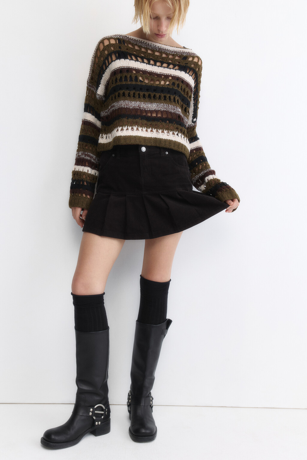 Юбка мини плиссированная из вельвета - цвет серый - 1