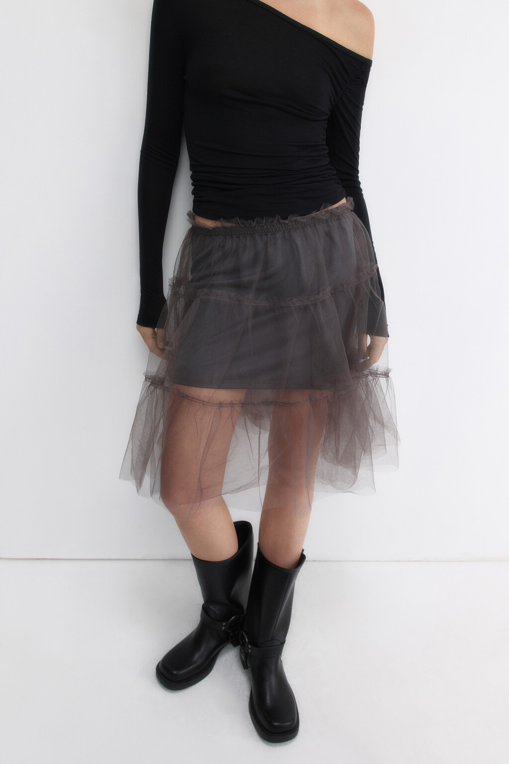Юбка-трапеция миди из сетки с оборками - цвет серый - 1