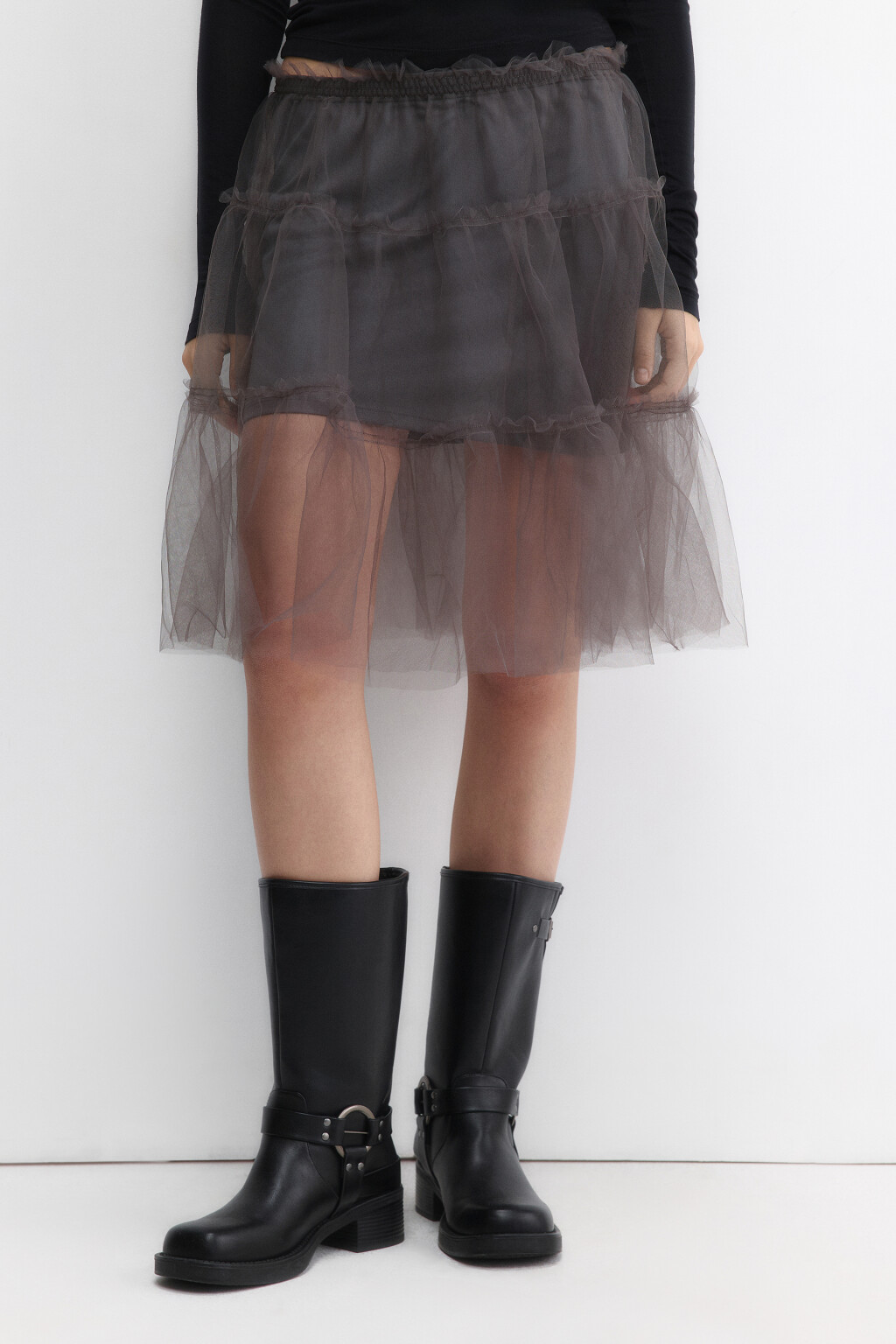 Юбка-трапеция миди из сетки с оборками - цвет серый - 2