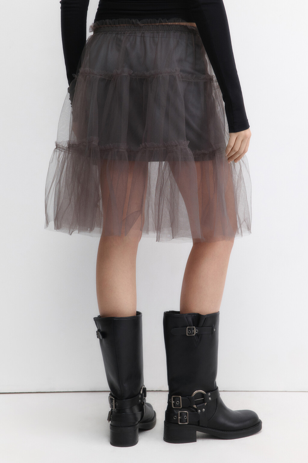Юбка-трапеция миди из сетки с оборками - цвет серый - 4