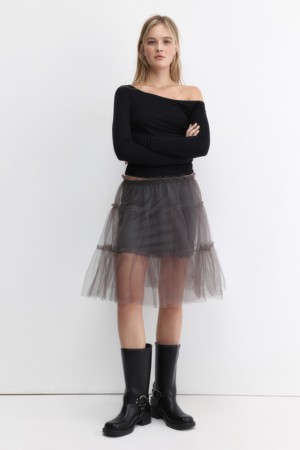 Юбка-трапеция миди из сетки с оборками - цвет серый - 5
