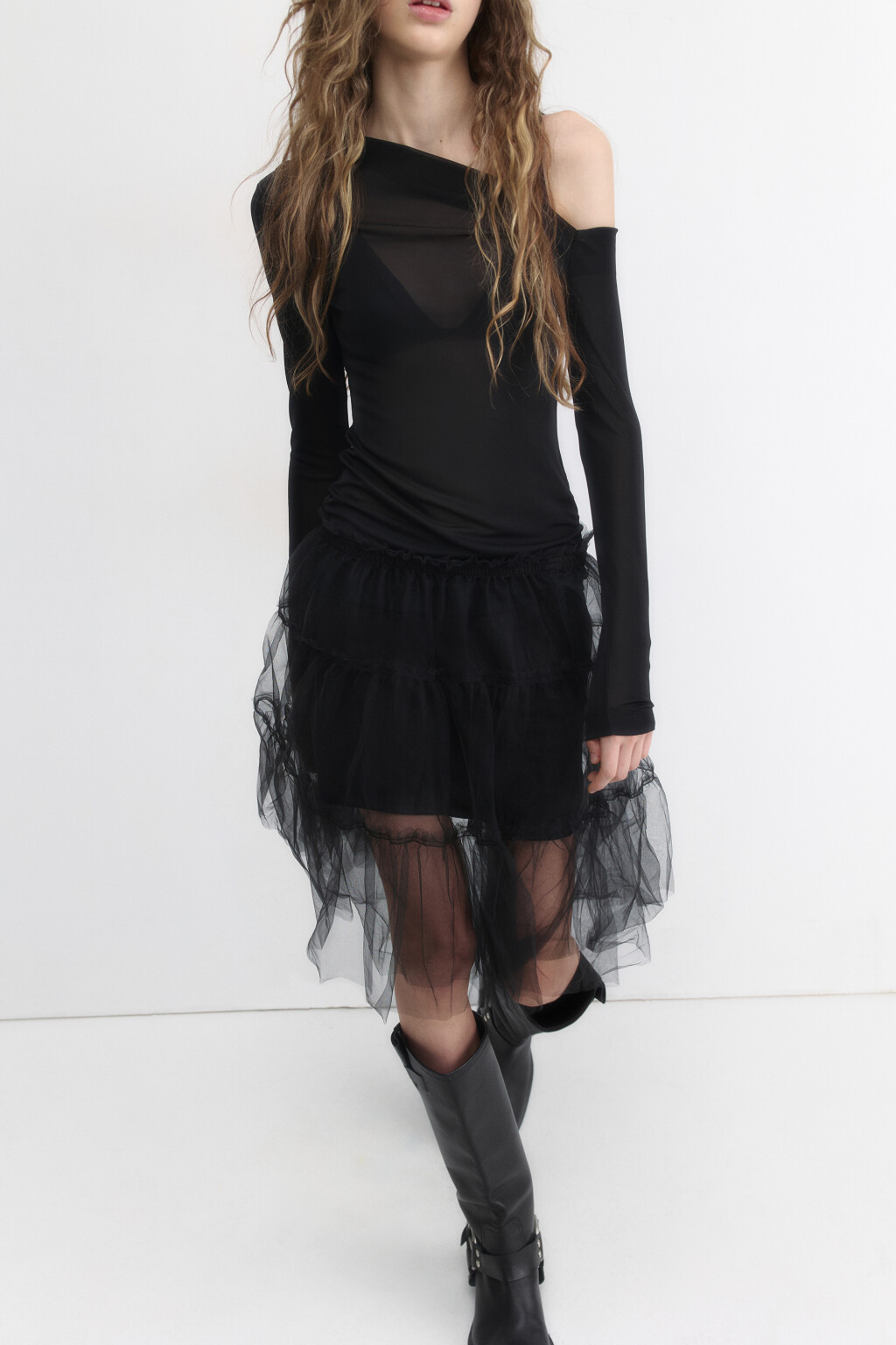 Юбка-трапеция миди из сетки с оборками - цвет черный - 1
