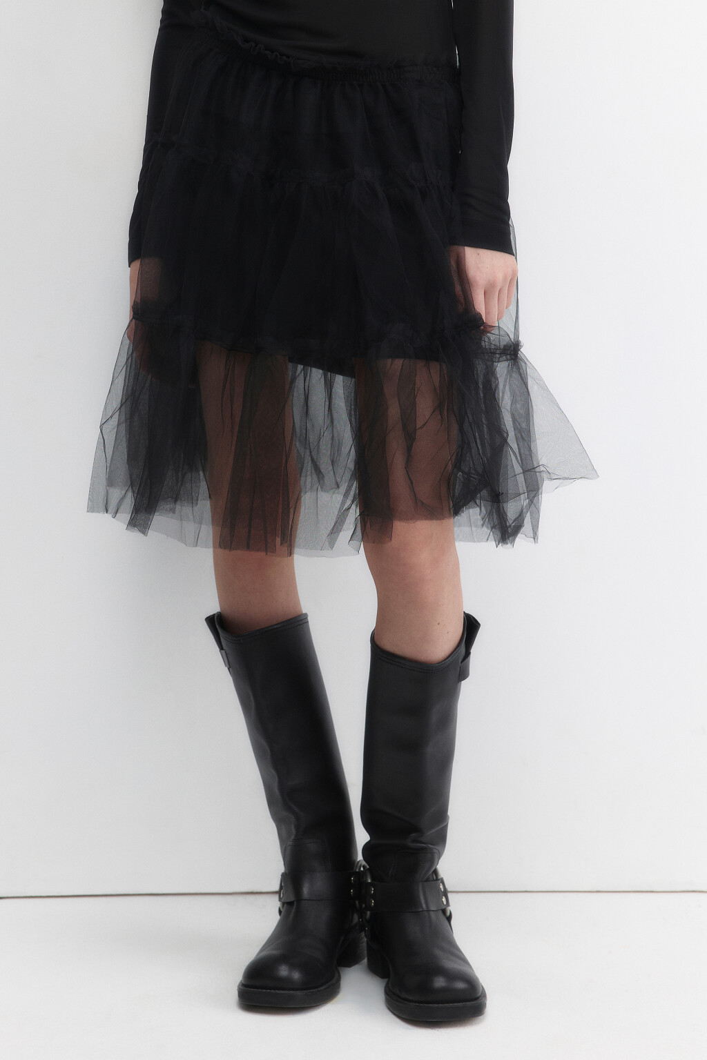 Юбка-трапеция миди из сетки с оборками - цвет черный - 2