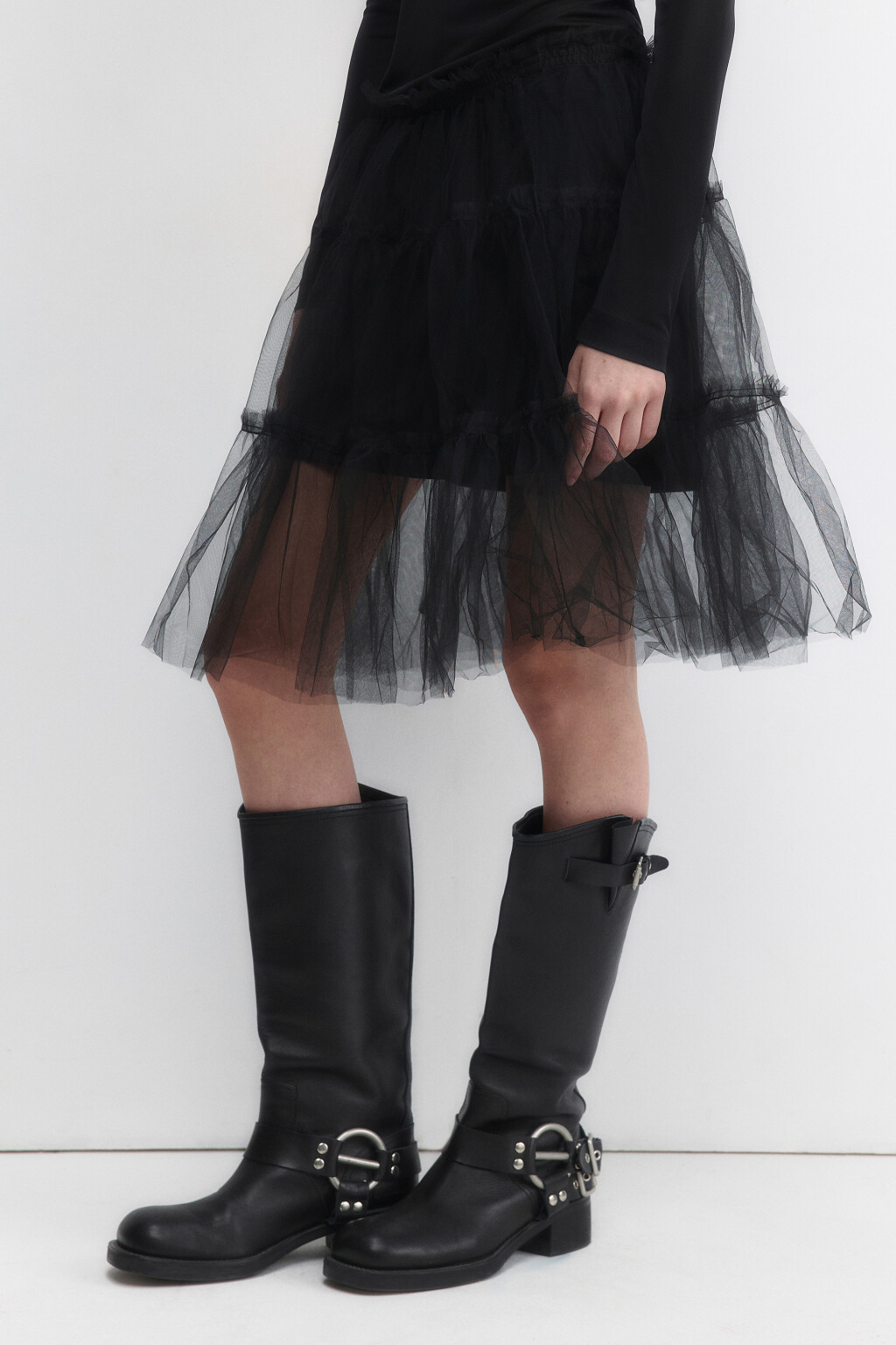 Юбка-трапеция миди из сетки с оборками - цвет черный - 3